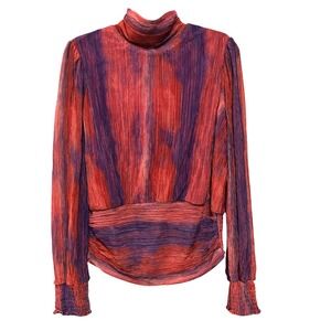 Bailey 44 Plissé Pleated Blouse Top‎ Red Purple Ombre Mock Neck Long Sleeve L